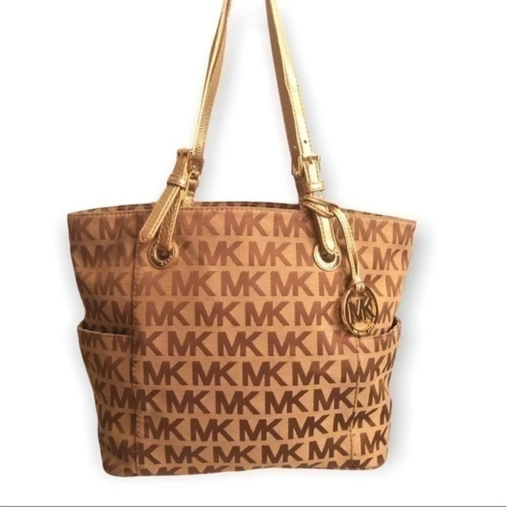 Michael kors signature brown khaki tote bag gold straps